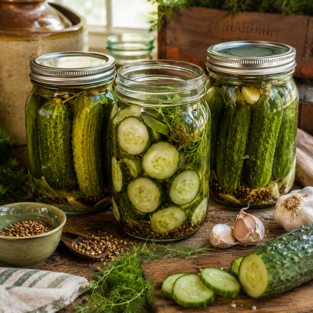 Three glass jars filled with homemade pickles—some whole and some sliced—crafted from Sumter Organic Cucumbers grown from Sprouts and Petals heirloom seeds, are surrounded by fresh dill, garlic cloves, pickling cucumbers, and spices on a rustic wooden table.