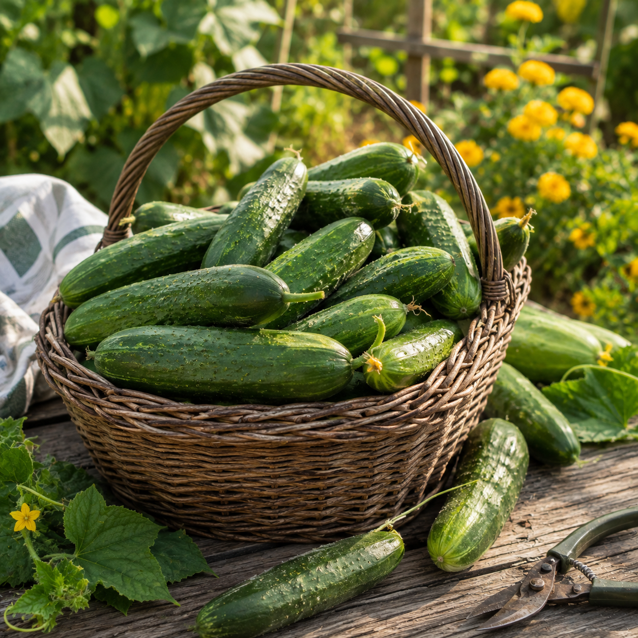 A wicker basket brimming with freshly harvested cucumbers—grown from Sprouts and Petals Sumter Organic Cucumber 50+ Seeds (Heirloom Pickling Cucumber)—rests on a rustic wooden table outdoors, surrounded by vibrant garden plants and yellow flowers. Nearby, several crisp pickling cucumbers and a pair of garden shears complete the scene.