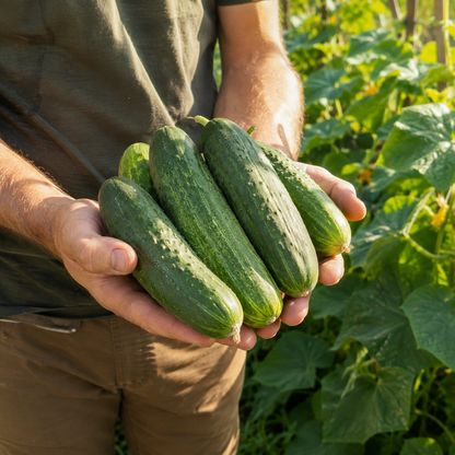 A person holding four freshly picked Sumter Organic Cucumbers, grown from Sprouts and Petals heirloom pickling cucumber seeds, stands in a garden surrounded by lush green cucumber plants.