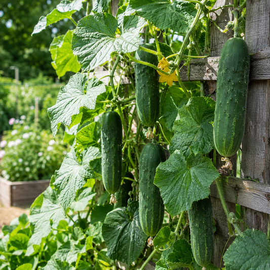 Several ripe cucumbers, grown from Sprouts and Petals Sumter Organic Cucumber 50+ Seeds – Heirloom Pickling Cucumber, are thriving on a vine supported by a wooden trellis in the garden, surrounded by green leaves and yellow flowers. This heirloom pickling cucumber variety flourishes beautifully in the lush garden setting and is ideal for homegrown pickles.