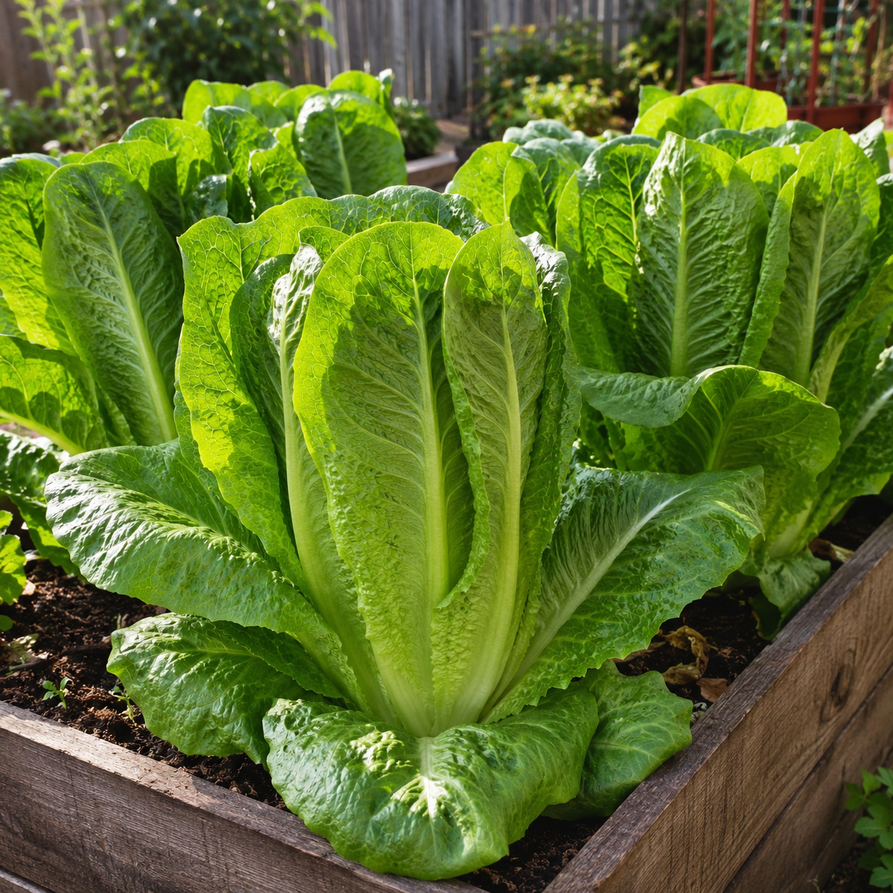 Giant Caesar Romaine Lettuce, grown from Sprouts and Petals’ Heirloom seeds, flourishes in a wooden raised garden bed outdoors, displaying large, crisp romaine heads with lush leaves beautifully illuminated by sunlight.