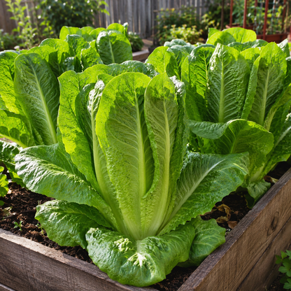 Giant Caesar Romaine Lettuce, grown from Sprouts and Petals’ Heirloom seeds, flourishes in a wooden raised garden bed outdoors, displaying large, crisp romaine heads with lush leaves beautifully illuminated by sunlight.