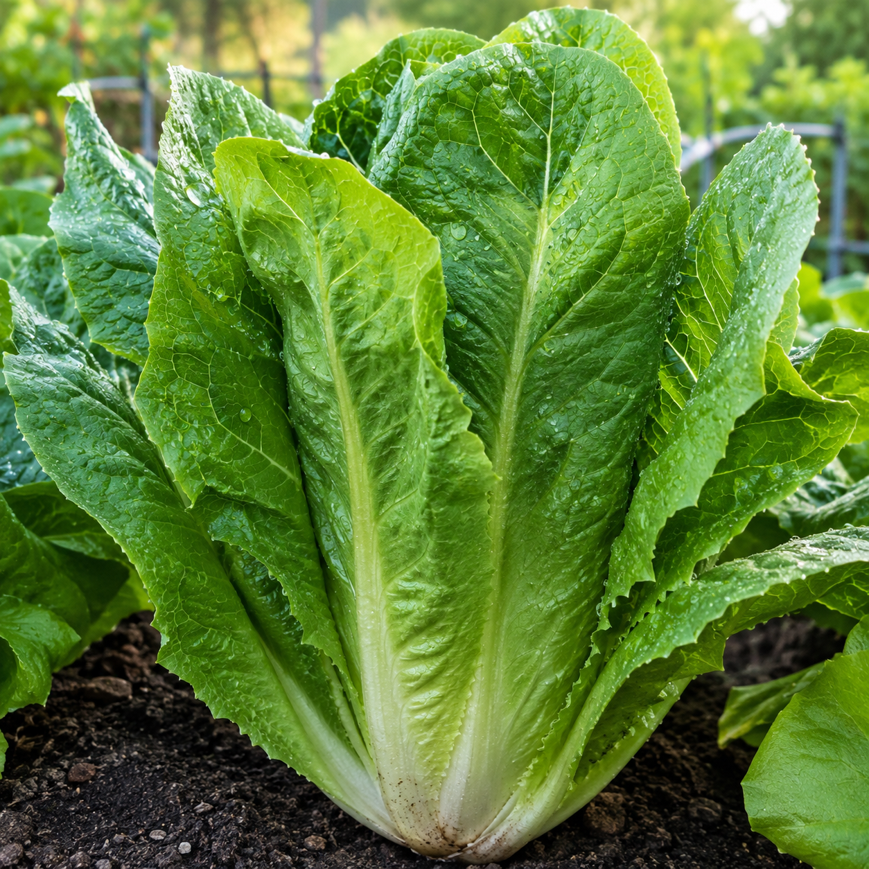 A close-up of a Giant Caesar Romaine Lettuce head from Sprouts and Petals, showing its fresh, crisp heirloom leaves growing in garden soil with dewdrops glistening on the foliage and a blurred backdrop of lush greenery—perfect for thriving in cool-season gardens.