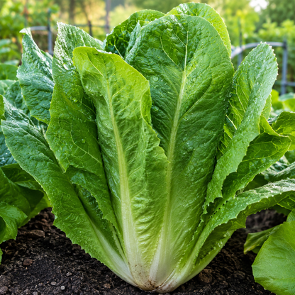 A close-up of a Giant Caesar Romaine Lettuce head from Sprouts and Petals, showing its fresh, crisp heirloom leaves growing in garden soil with dewdrops glistening on the foliage and a blurred backdrop of lush greenery—perfect for thriving in cool-season gardens.
