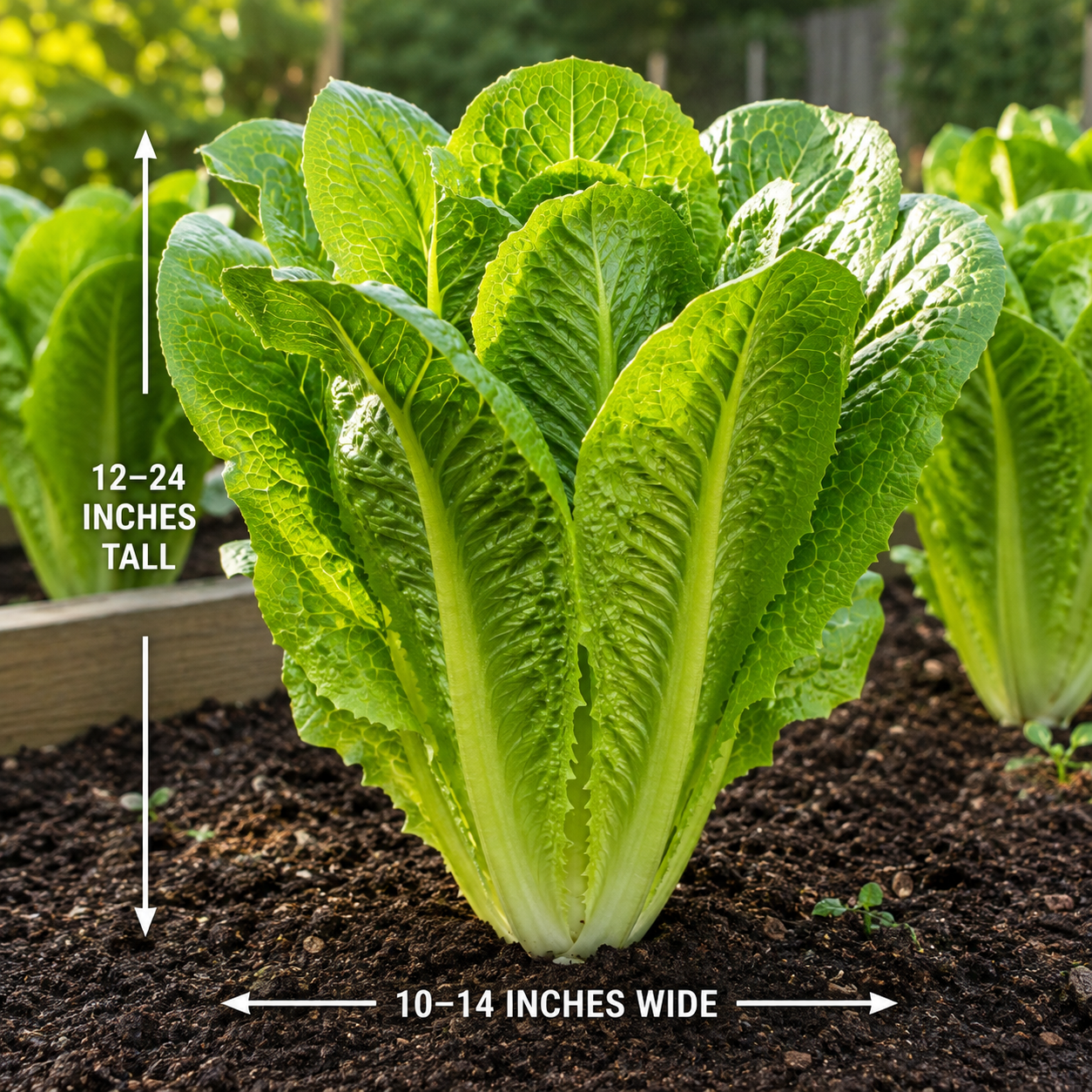 A Giant Caesar Romaine Lettuce plant from Sprouts and Petals grows in soil, with arrows and text highlighting its size—reaching 12-24 inches tall and 10-14 inches wide. Other crisp lettuces thrive in a garden bed in the background. This variety is grown from Sprouts and Petals’ Giant Caesar Romaine Lettuce 300 Seeds – Crisp Heirloom Lettuce for large romaine heads.