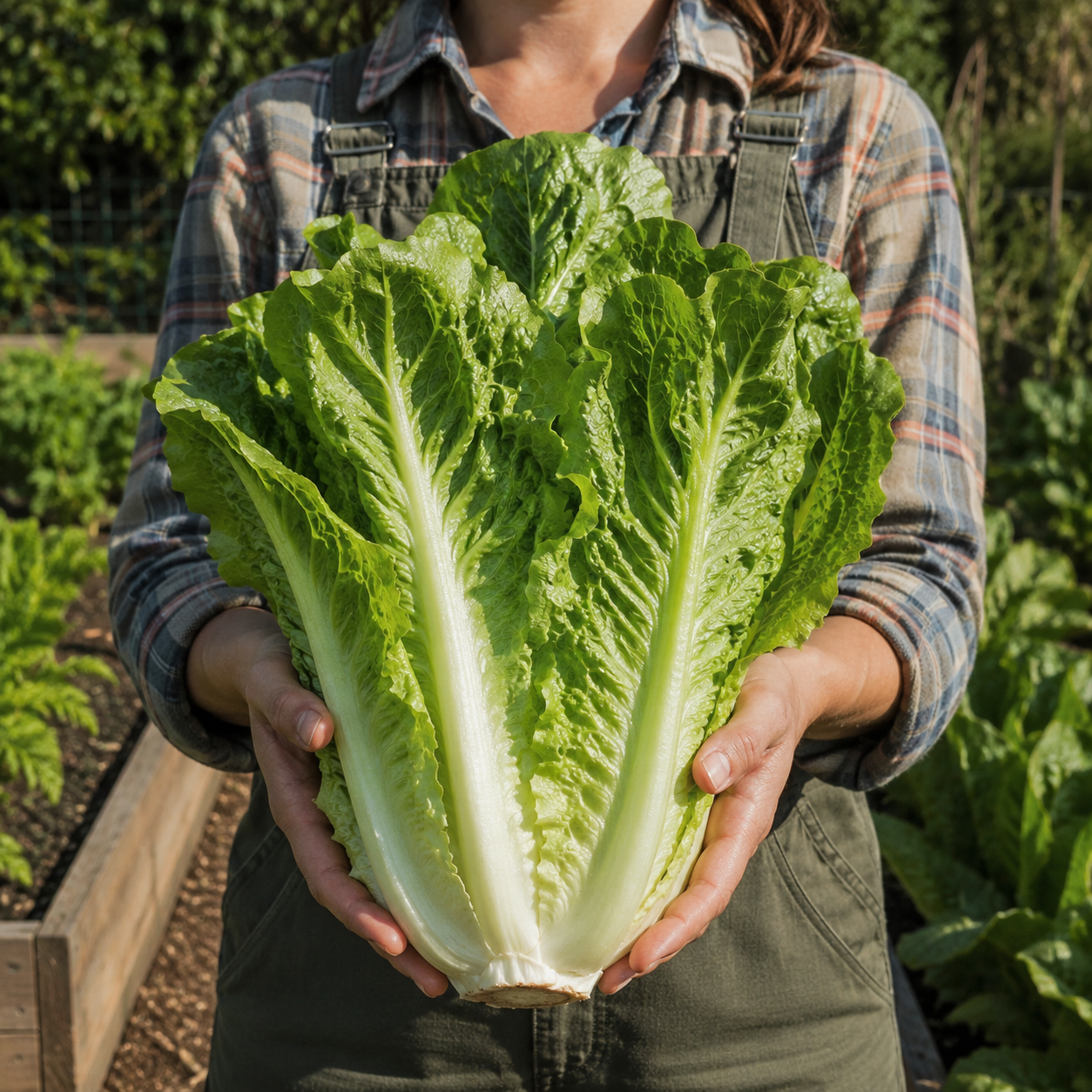 A person wearing a plaid shirt and overalls holds a large head of crisp Sprouts and Petals Giant Caesar Romaine Lettuce, grown from heirloom seeds and perfect for thriving in cool-season gardens.