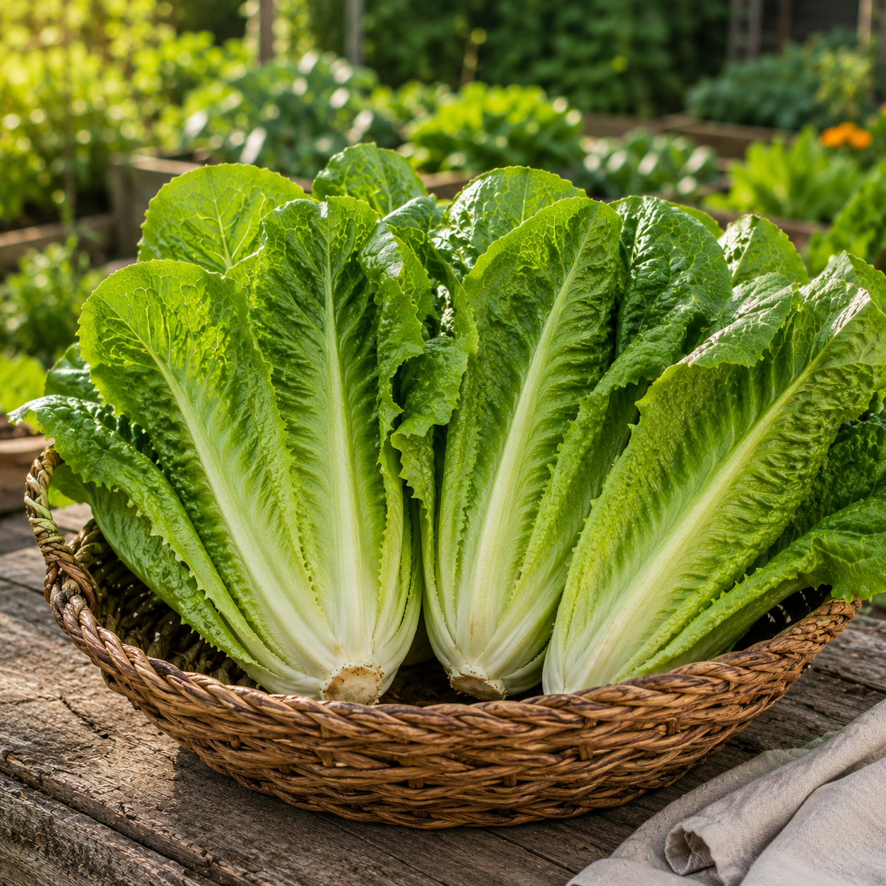 Three large heads of crisp romaine lettuce, grown from Sprouts and Petals’ Giant Caesar Romaine Lettuce seeds, rest in a wicker basket atop a wooden outdoor table, with a sunlit garden brimming with lush leafy greens visible in the background.