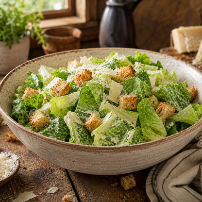 A vibrant bowl of Caesar salad featuring crisp leaves from Sprouts and Petals’ Giant Caesar Romaine Lettuce, grown from their 300-count heirloom seed pack, is beautifully presented on a wooden table alongside a napkin and fresh herbs—an ideal way to highlight the unique flavor and crunchy texture of these large romaine heads cultivated in cool-season gardens.