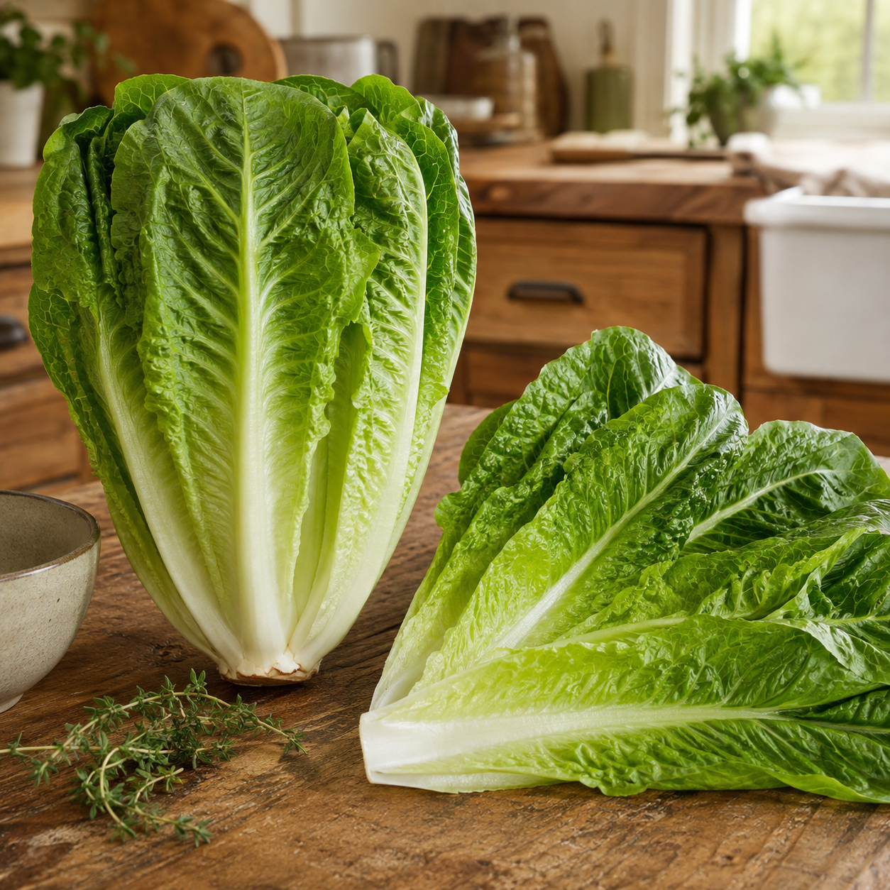 A large head of Sprouts and Petals Giant Caesar Romaine Lettuce—grown from crisp heirloom lettuce seeds—stands upright next to several loose, fresh leaves on a rustic wooden kitchen counter, with herbs and kitchen essentials in the background.