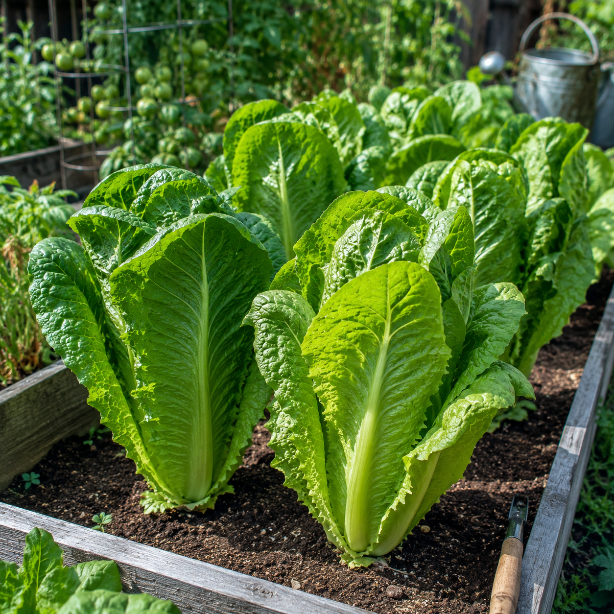 Under the bright sun, rows of thriving Giant Caesar Romaine Lettuce 300 Seeds – Crisp Heirloom Lettuce – Large Romaine Heads from Sprouts and Petals flourish in a raised garden bed, their crisp green leaves standing out among nearby plants and gardening tools.