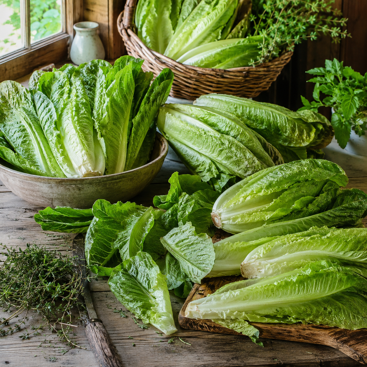 Several heads of Sprouts and Petals Giant Caesar Romaine Lettuce, grown from crisp heirloom seeds, are arranged on a rustic wooden table near a window, with herbs and a wicker basket in the background.