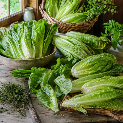 Several heads of Sprouts and Petals Giant Caesar Romaine Lettuce, grown from crisp heirloom seeds, are arranged on a rustic wooden table near a window, with herbs and a wicker basket in the background.