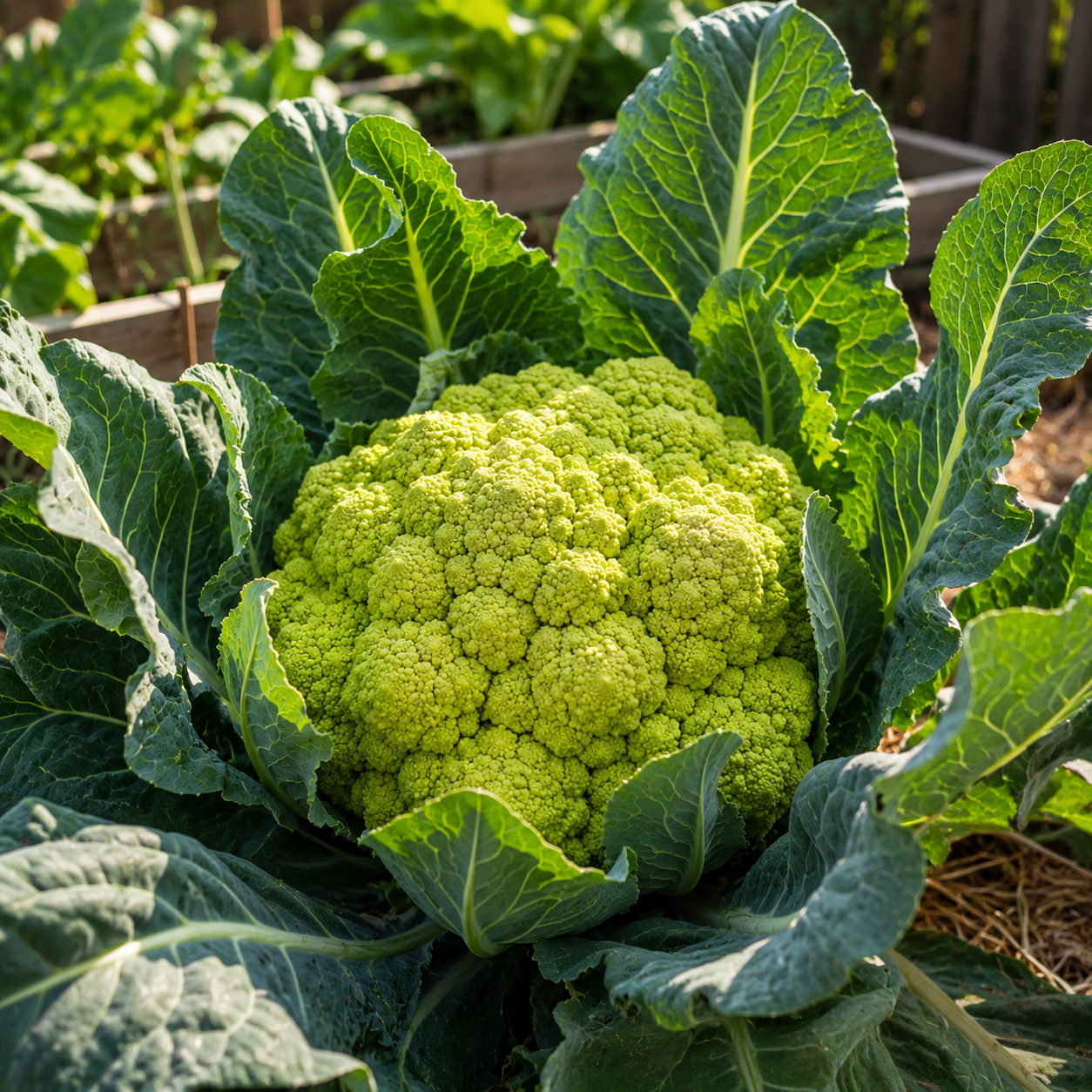 A vibrant head of Green Macerata Cauliflower, an Italian heirloom variety from Sprouts and Petals, flourishing in a garden amid lush, healthy leaves—perfect for growing from the included 50 seeds.