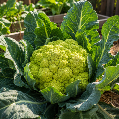 A vibrant head of Green Macerata Cauliflower, an Italian heirloom variety from Sprouts and Petals, flourishing in a garden amid lush, healthy leaves—perfect for growing from the included 50 seeds.