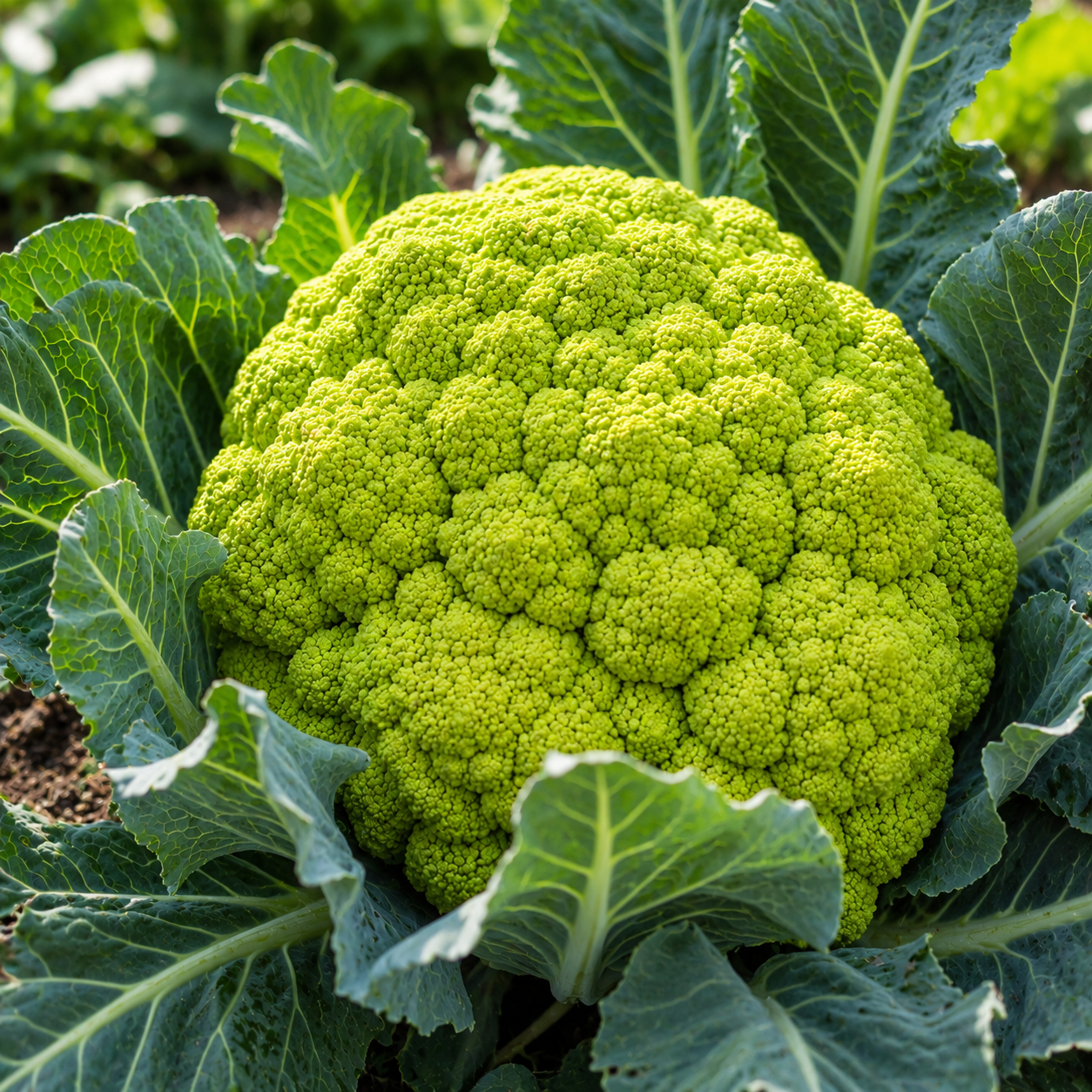 A close-up of a Green Macerata Cauliflower head from Sprouts and Petals’ Italian Heirloom Cauliflower seeds growing in a garden, surrounded by lush, leafy greens.