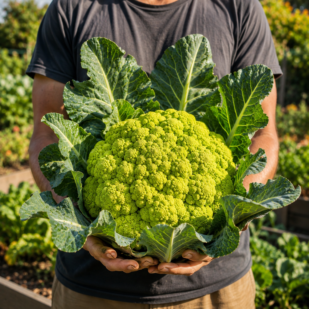 In a garden, someone holds a vibrant Green Macerata Cauliflower, its striking spiral pattern and lush leafy greens highlighted—an exquisite Italian heirloom cauliflower grown from Sprouts and Petals’ Green Macerata Cauliflower 50 Seeds.