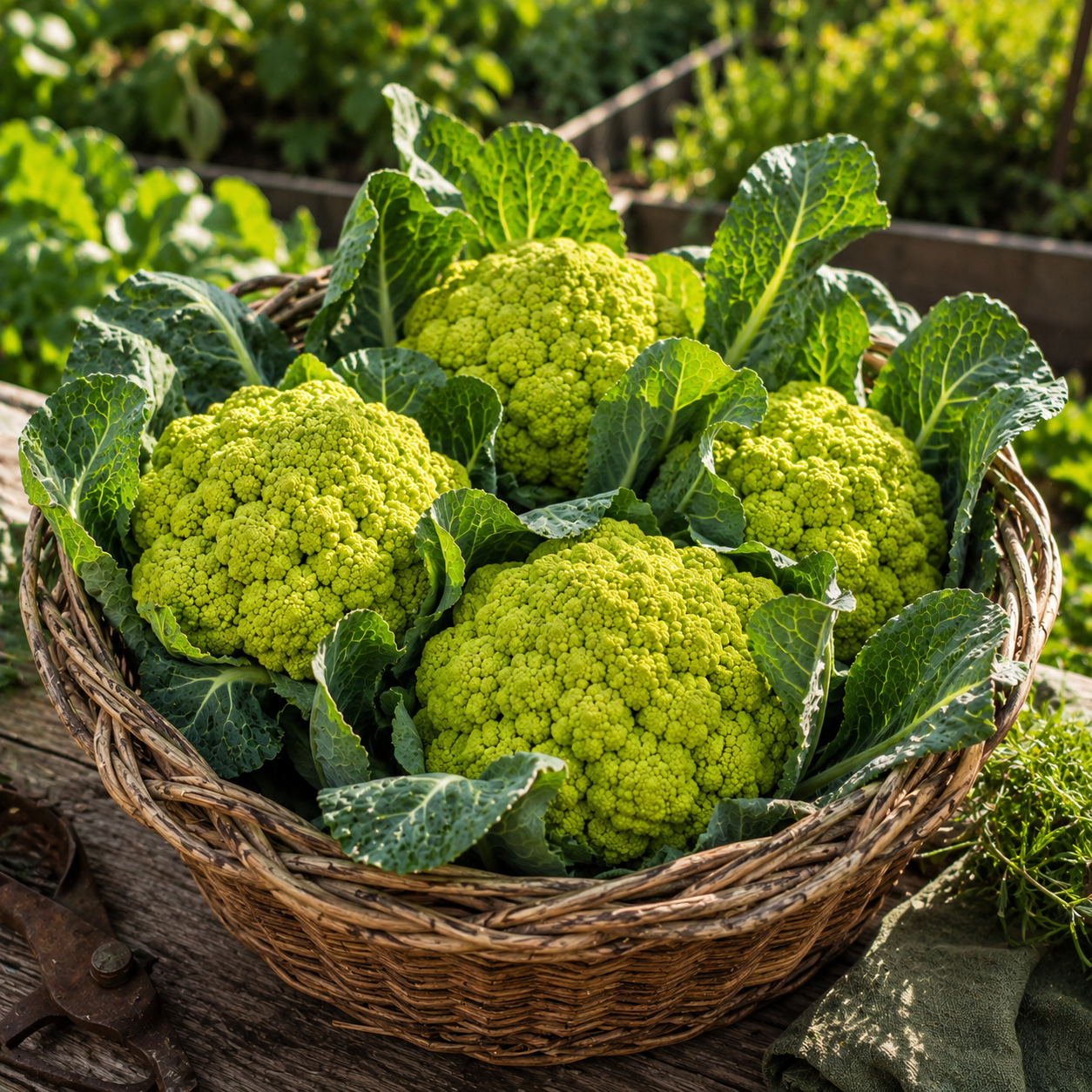 A wicker basket brimming with fresh heads of Sprouts and Petals Green Macerata Cauliflower—grown from Italian Heirloom Cauliflower 50 Seeds—is surrounded by leafy greens and rests on a wooden table in a sunny garden with raised planting beds visible in the background.