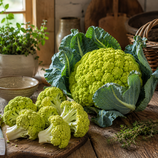 A sun-drenched, cozy kitchen scene showcases the beauty of Green Macerata Cauliflower, with vibrant florets and leafy heads arranged beside herbs and rustic kitchenware—a tribute to this prized Italian heirloom variety. For home gardeners seeking authenticity, Green Macerata Cauliflower 50 Seeds by Sprouts and Petals offer a chance to grow your own lush cauliflower at home.
