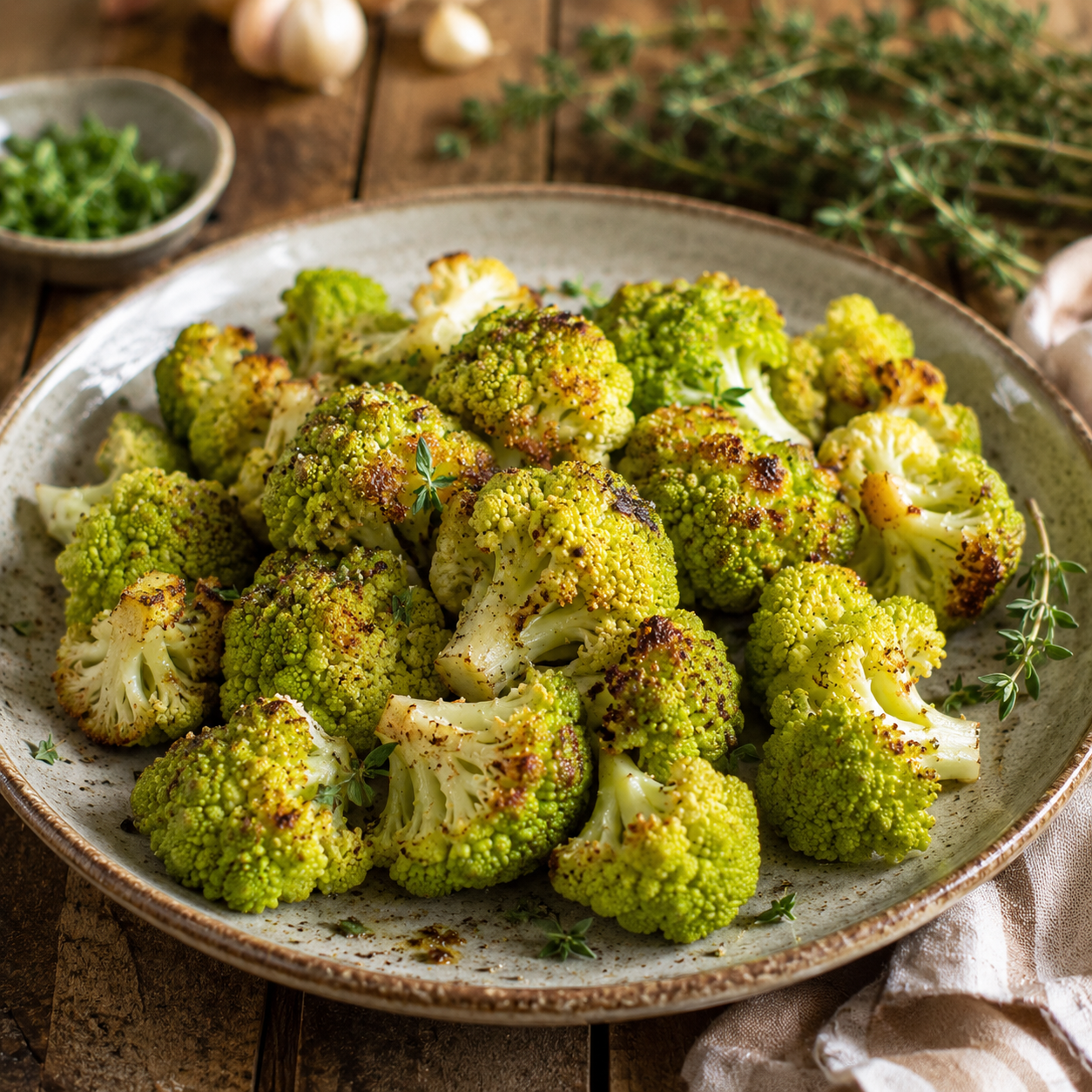 A plate of roasted Sprouts and Petals Green Macerata Cauliflower, grown from Italian Heirloom Cauliflower seeds, garnished with fresh thyme and served on a rustic wooden table, with herbs and a bowl of chopped chives in the background.