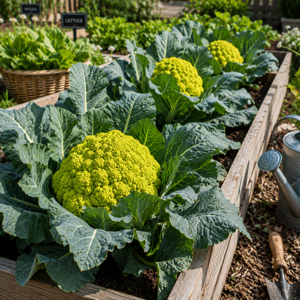 Three vigorous heads of Sprouts and Petals’ Green Macerata Cauliflower—an Italian heirloom variety known for its vibrant lime-green fractal florets—thrive in a raised garden bed surrounded by lush green leaves. Nearby, gardening tools and a watering can rest on the soil, while a basket of fresh lettuce awaits in the background. Grown from Green Macerata Cauliflower 50 Seeds, this distinctive vegetable brings unique beauty and flavor to any home garden.
