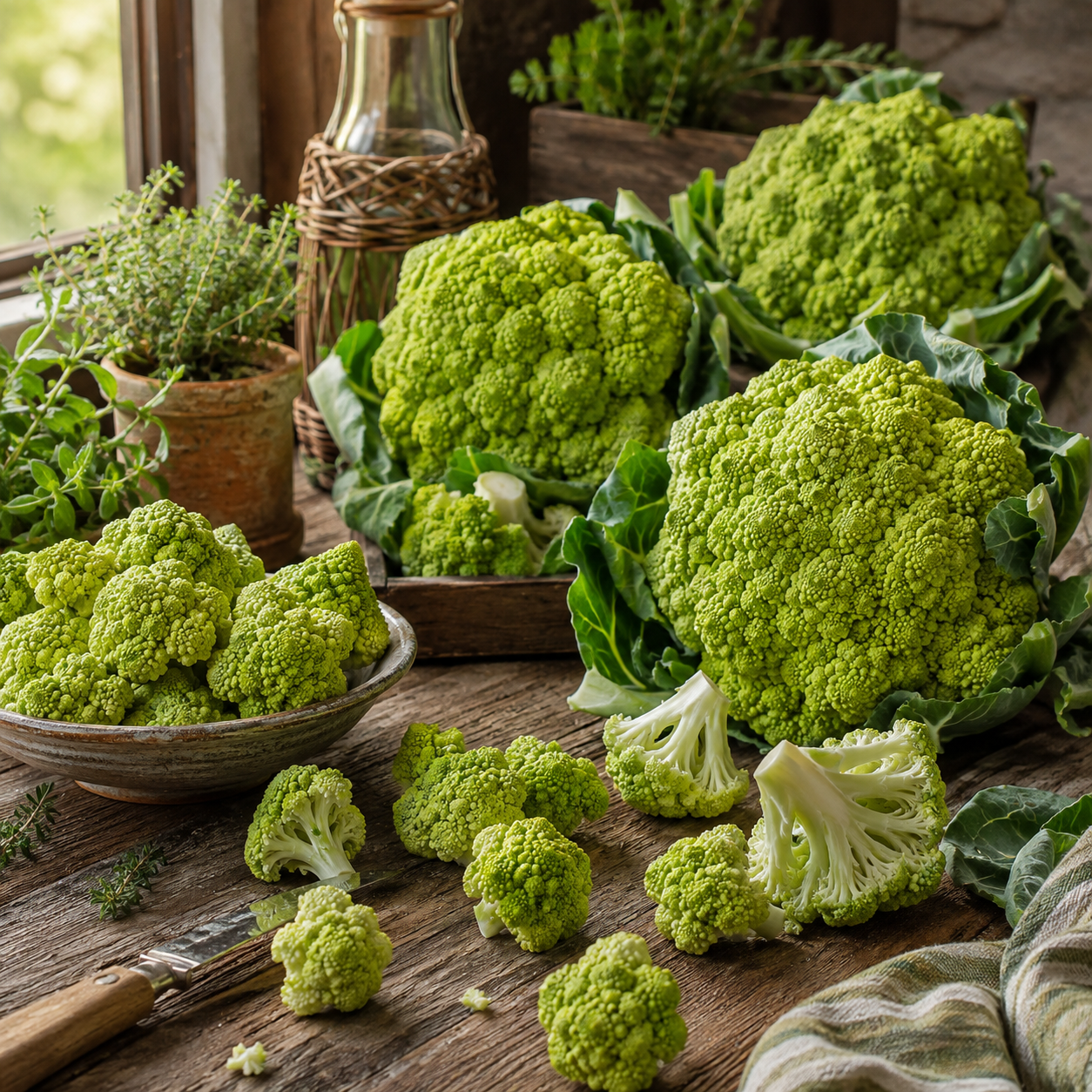 Sprouts and Petals Green Macerata Cauliflower 50 Seeds – Italian Heirloom Cauliflower are beautifully displayed alongside fresh Romanesco cauliflower heads and florets on a rustic wooden table, accented with herbs and pottery, all set against a windowed backdrop for an inviting kitchen scene.