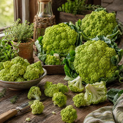 Sprouts and Petals Green Macerata Cauliflower 50 Seeds – Italian Heirloom Cauliflower are beautifully displayed alongside fresh Romanesco cauliflower heads and florets on a rustic wooden table, accented with herbs and pottery, all set against a windowed backdrop for an inviting kitchen scene.