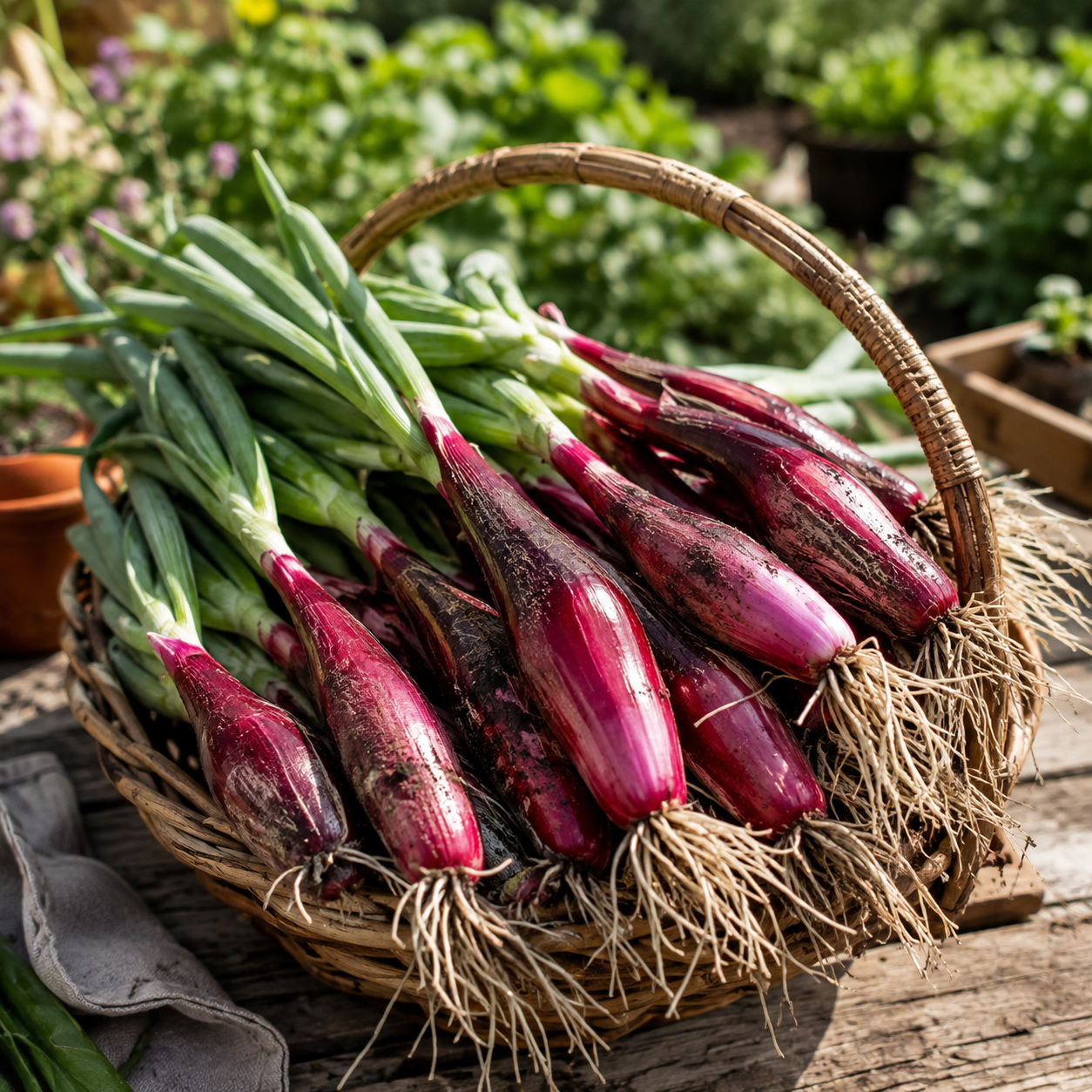 A wicker basket brimming with freshly harvested onions grown from Sprouts and Petals Red Torpedo Onion 100 Seeds—an Italian heirloom, intermediate day variety celebrated for its sweet mild flavor and distinctive elongated red bulbs—rests on a rustic wooden table in a charming garden setting.