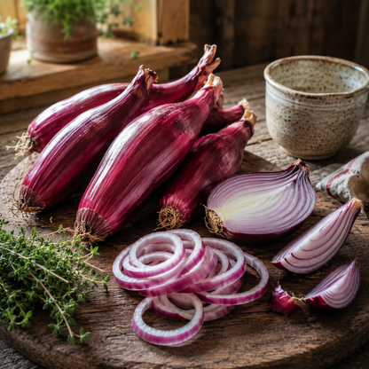 Several whole and sliced Sprouts and Petals Red Torpedo Onions, an Italian heirloom variety known for their sweet mild flavor, are arranged on a rustic wooden cutting board with sprigs of fresh thyme, next to a ceramic bowl, in a warmly lit kitchen setting.