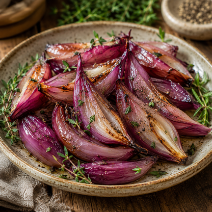 A plate of roasted Sprouts and Petals Red Torpedo Onion wedges—an Italian heirloom variety known for its sweet, mild flavor—garnished with fresh thyme and cracked black pepper, set on a rustic wooden table.