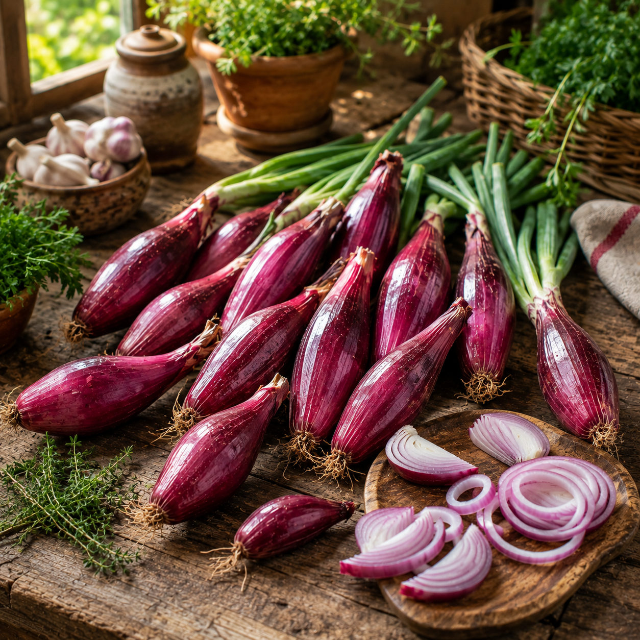 Here’s a rewrite of the sentence using your product data: Red Torpedo Onions from Sprouts and Petals—a sweet, mild Italian heirloom variety of intermediate-day onions—are artfully displayed on a rustic wooden table, accompanied by a cutting board with sliced onions, fresh herbs, garlic bulbs, and potted green plants in a sunlit kitchen setting.