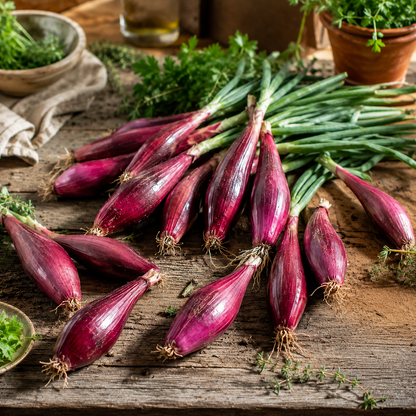 A handful of Sprouts and Petals Red Torpedo Onions—an Italian heirloom variety known for its sweet, mild flavor—displays vibrant green stems as they rest on a rustic wooden table surrounded by herbs and potted plants.