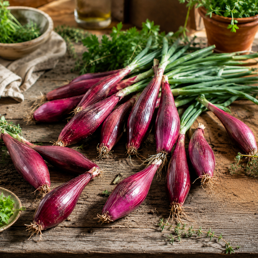 A handful of Sprouts and Petals Red Torpedo Onions—an Italian heirloom variety known for its sweet, mild flavor—displays vibrant green stems as they rest on a rustic wooden table surrounded by herbs and potted plants.