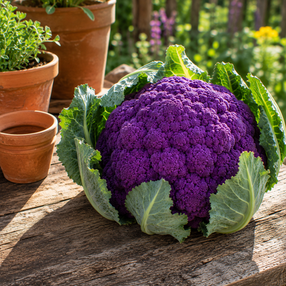 A packet of Sprouts and Petals’ Violetta Italia Cauliflower 100 Seeds – Purple Italian Cauliflower – Heirloom rests on a rustic wooden table beside terracotta pots of herbs, capturing the vibrant essence of this striking Italian heirloom in an outdoor garden setting with sunlight and blurred greenery in the background.