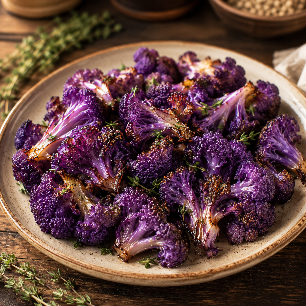 A rustic plate filled with roasted florets of Violetta Italia Cauliflower—grown from premium heirloom seeds by Sprouts and Petals—is garnished with fresh herbs and sits on a wooden table, accompanied by sprigs of thyme.