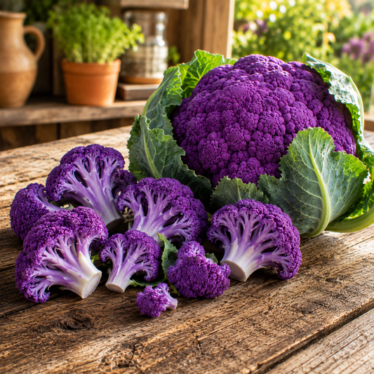 A packet of Violetta Italia Cauliflower 100 Seeds – Purple Italian Cauliflower – Heirloom by Sprouts and Petals is displayed on a rustic wooden table, with vivid purple cauliflower florets surrounding it, accompanied by green leaves and potted plants in the background.