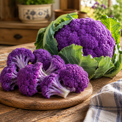 A whole Violetta Italia cauliflower from Sprouts and Petals, along with several cut florets, are arranged on a wooden board in a rustic kitchen setting, set against the backdrop of a towel and blurred plants. This heirloom Italian variety is grown from the Violetta Italia Cauliflower 100 Seeds – Purple Italian Cauliflower pack.