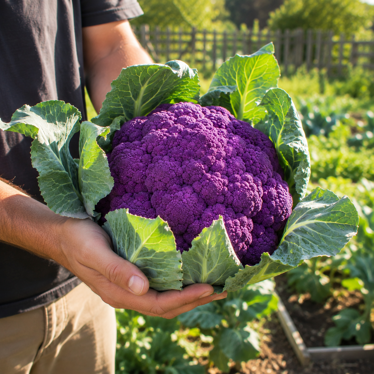 A gardener holds a vibrant head of Violetta Italia Cauliflower, grown from Sprouts and Petals’ heirloom “Violetta Italia Cauliflower 100 Seeds – Purple Italian Cauliflower,” displaying its striking purple hue and lush green leaves in a garden filled with leafy plants and wooden beds.