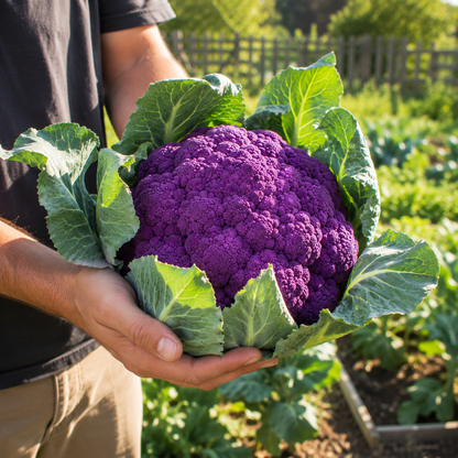 A gardener holds a vibrant head of Violetta Italia Cauliflower, grown from Sprouts and Petals’ heirloom “Violetta Italia Cauliflower 100 Seeds – Purple Italian Cauliflower,” displaying its striking purple hue and lush green leaves in a garden filled with leafy plants and wooden beds.