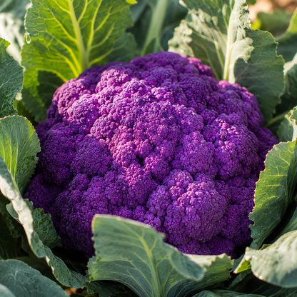 A close-up of the vibrant Violetta Italia Cauliflower from Sprouts and Petals, an heirloom purple Italian variety, is nestled among large green leaves in a garden.