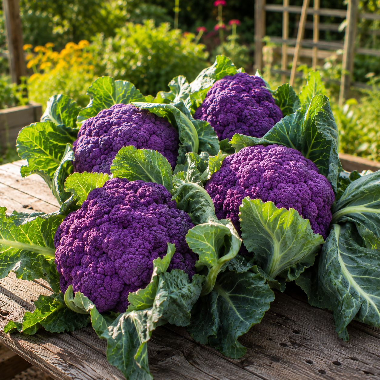 Four vibrant Violetta Italia cauliflower heads, grown from heirloom Sprouts and Petals “Violetta Italia Cauliflower 100 Seeds – Purple Italian Cauliflower,” with lush green leaves rest on a wooden table outdoors, surrounded by a garden and rich greenery.