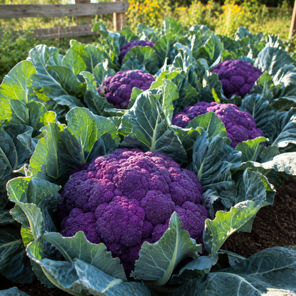 Large heads of vibrant purple Violetta Italia cauliflower, an heirloom Italian variety from Sprouts and Petals, grow among broad green leaves in the garden, with sunlight illuminating the striking vegetables.