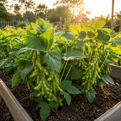 Clusters of sweet green BeSweet Edamame Soybean plants from Sprouts and Petals thrive in a raised garden bed, basking in sunlight beneath trees and beside a wooden fence. With 25 bush edamame seeds, you can enjoy harvesting fresh edamame right from your own backyard.