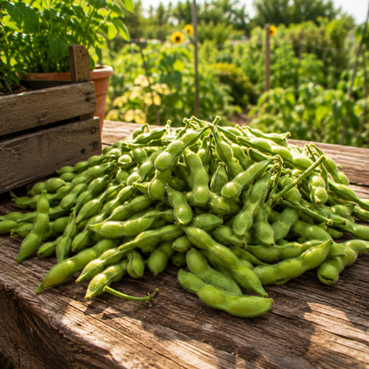 A heaping pile of freshly harvested BeSweet Edamame Soybean pods, grown from Sprouts and Petals’ Bush Edamame Seeds, rests on a rustic wooden table outdoors, with a garden and sunflowers softly blurred in the background.