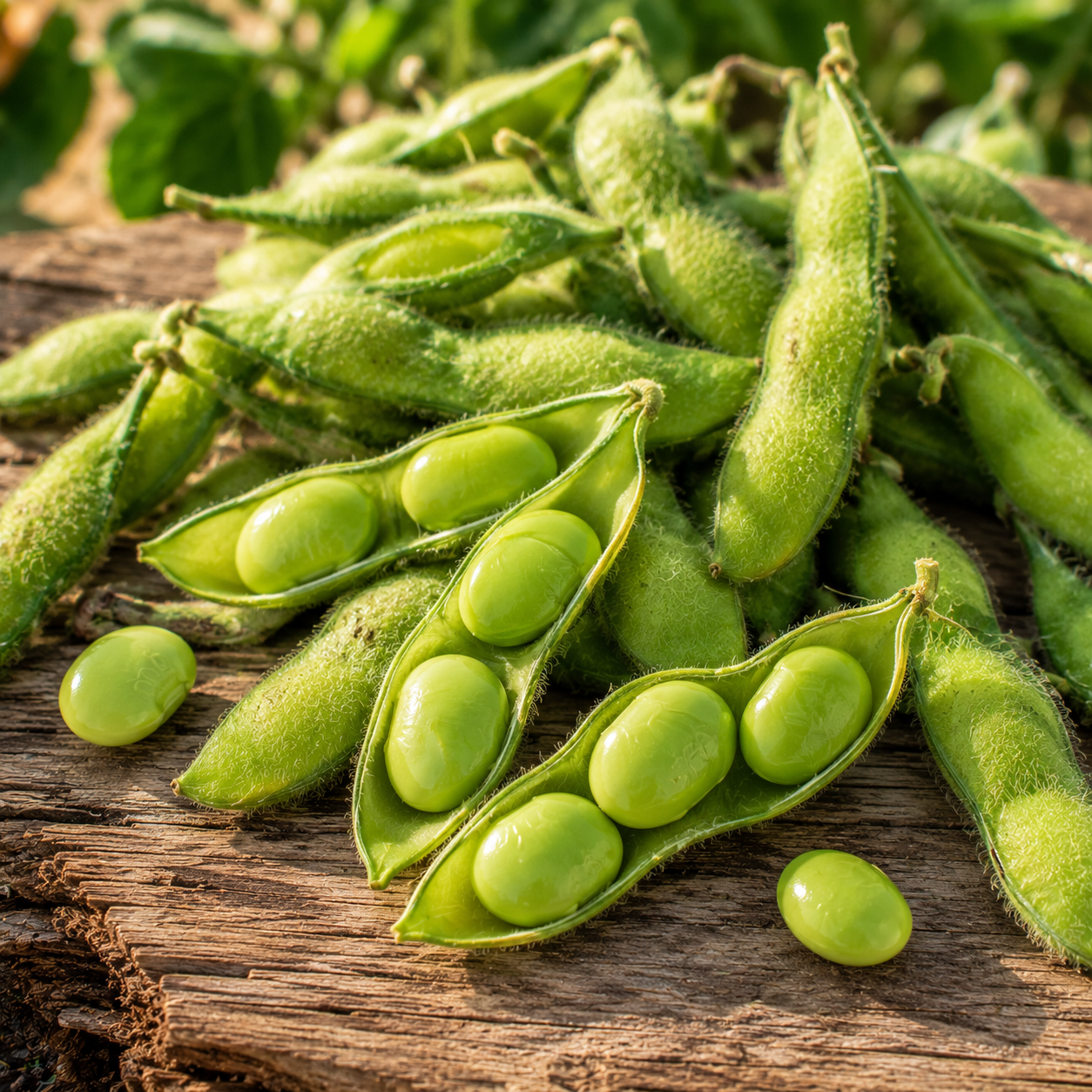 On a rustic wooden surface outdoors, fresh green edamame pods—some split open to reveal the sweet beans inside—are displayed with vibrant greenery in the background, showcasing the quality of bush variety soybeans like Sprouts and Petals’ BeSweet Edamame Soybean 25 Seeds – Sweet Green Soybeans.