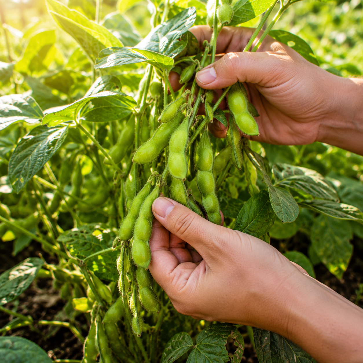 Hands harvesting fresh Sprouts and Petals BeSweet Edamame Soybean pods from bushy plants in a sunlit garden, surrounded by lush green leaves—a sweet green soybean variety grown from BeSweet Edamame Soybean 25 Seeds.