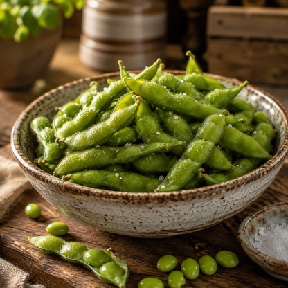 A rustic bowl filled with freshly harvested BeSweet Edamame Soybean from Sprouts and Petals sits on a wooden table, showcasing sweet green soybeans grown from bush edamame seeds. A few loose beans and a small dish of salt nearby add to the warm, cozy kitchen atmosphere.