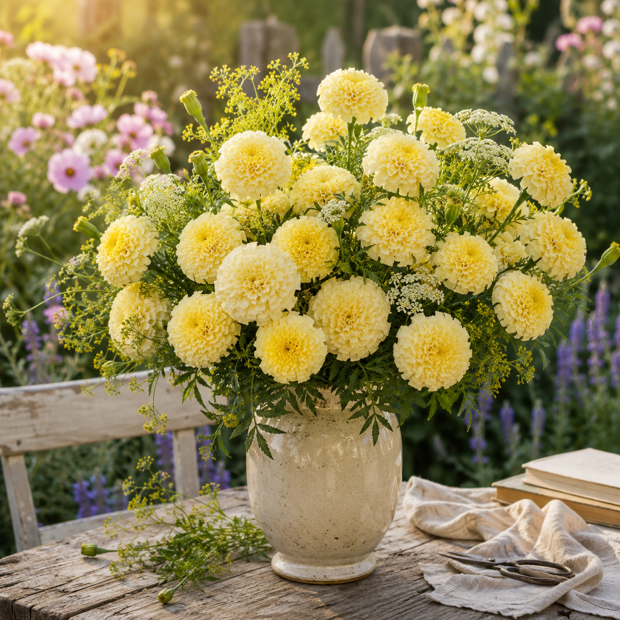 Moonlight African Marigold 25+Seeds – Creamy Yellow Marigold – Large Double Cottage Garden Cut Flowers
