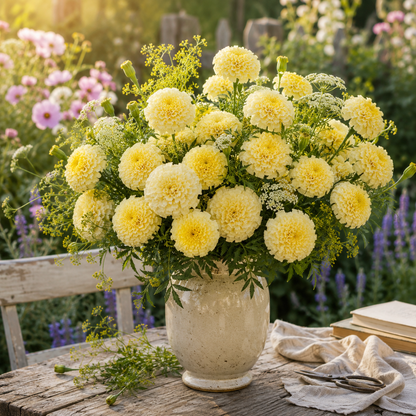 Moonlight African Marigold 25+Seeds – Creamy Yellow Marigold – Large Double Cottage Garden Cut Flowers