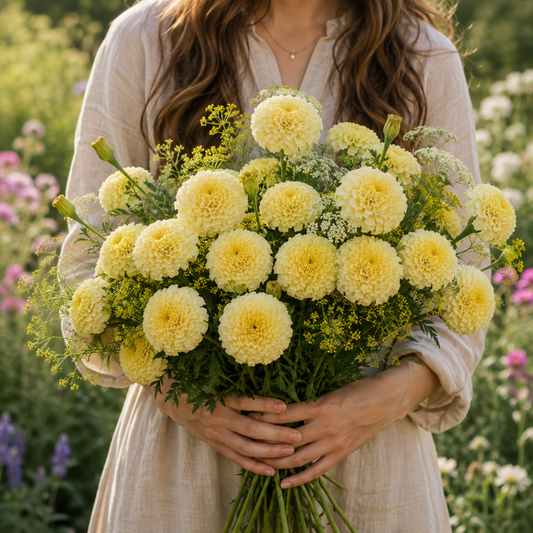 Moonlight African Marigold 25+Seeds – Creamy Yellow Marigold – Large Double Cottage Garden Cut Flowers Sprouts and Petals