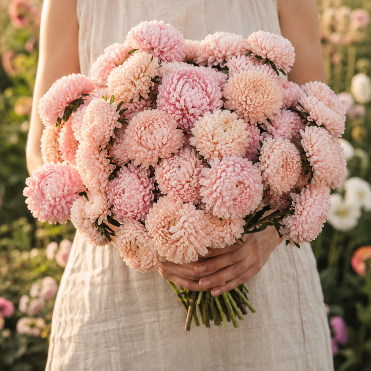 Peony Duchess Apricot Aster 50+Seeds – Blush Peach Double Asters – Cut Flower Cottage Garden Seeds Sprouts and Petals